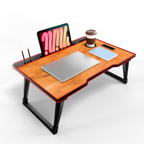 Image of Foldable Wooden Mini Laptop Table for Bed, Study Table with Drawer, Tablet /Mobile Holder for Kids & Adults (COTTED Wood)