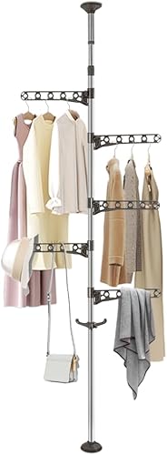 Miniatura 7 de Hershii Barra de lavandería ajustable en la esquina del tendedero para colgar sombreros, estante de tensión del piso al techo, organizador de