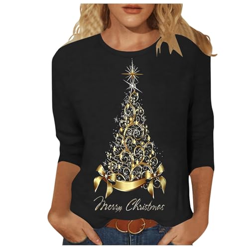 Camiseta festiva de Navidad para mujer con diseño de árbol de Navidad brillante, cuello redondo, túnica de moda, Negro , L