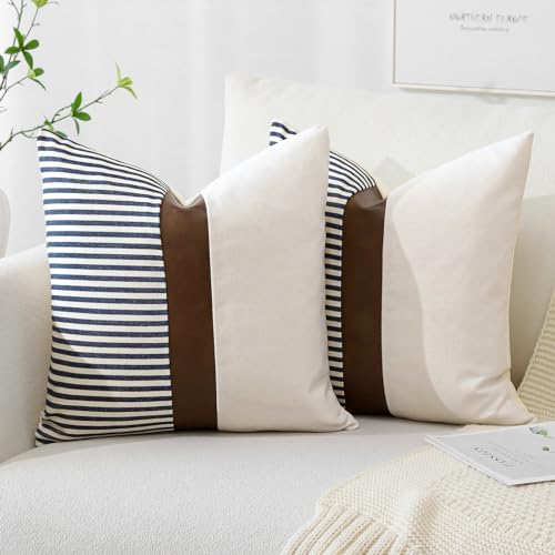 Artscope Juego de 2 Algodón Lino Funda de Cojines Empalme con Rayas Cojin Imitación de Cuero Funda de Almohada para Granja Decoración del Hogar Sofá Salón Dormitorio 60x60cm Azul