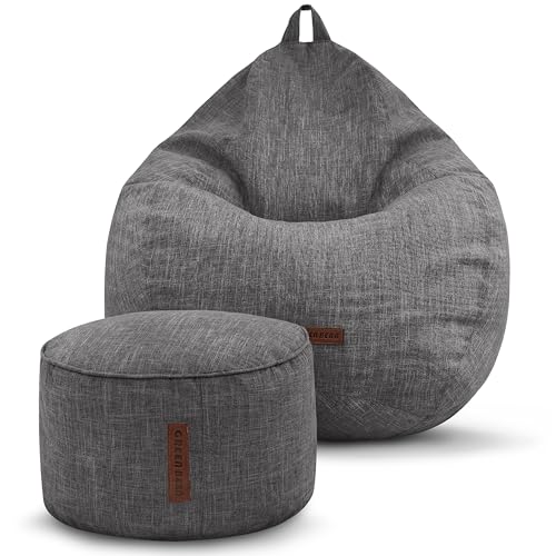 Green Bean Indoor XXL Sitzsack Home Linen + Hocker mit EPS-Perlen Füllung - Sitz-Pouf Bodenkissen Liegekissen Sitzkissen Lounge Chair Relax-Sessel Bean Bag Dunkelgrau Asphalt