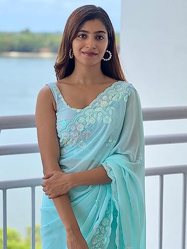 Image of AKHILAM Women's Georgette Embellished Saree With Unstitched Blouse Piece