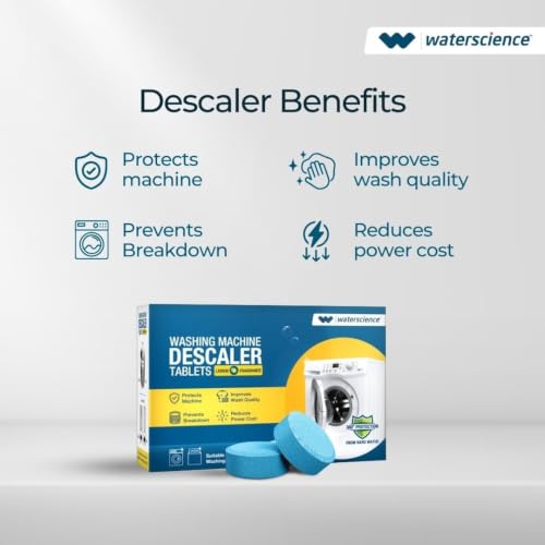 Image of WaterScience Washing Machine Filter for Hard Water, Sediments and Dust | Hard Water Softener with Hose Adapter + Washing Machine Cleaning Tablets (Pack of 12) | Combo Pack