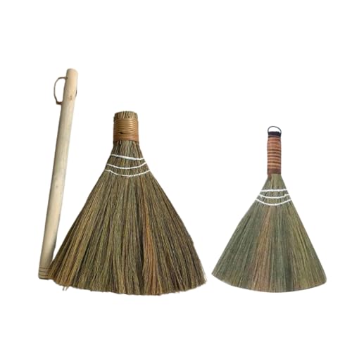 ABOOFAN 2pcs Bamboo Handmade Broom Set Removable Long Handle Small Desk Cleaning Brush Multifunctional Soft Bristle Sweeper for Home Dusting and Indoor Cleaning