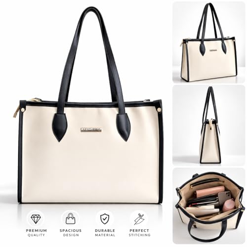 Image of Women's Laptop Tote Bag Stylish Office Handbag for Women | Large Capacity Ladies Shoulder Bag | Premium Structured Leatherette Purse for Office, College & Travel | Beige Black