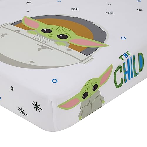 Image of NoJo Star Wars The Mandalorian Grogu, White, Green, and Blue Precious Cargo Photo Op Nursery Fitted Crib Sheet