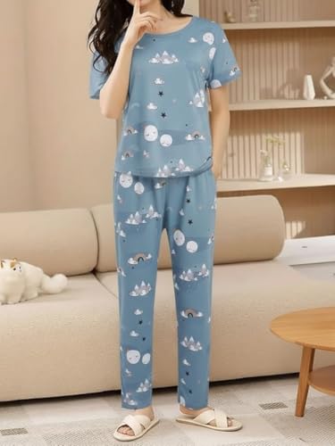 Image of Women's Korean Style Night Suit Set | Cotton Half Sleeve Top & Pyjama Set | Round Neck Printed Nightsuit | Comfortable Nightwear & Loungewear for Women | Sleepwear Pjs Lounge Set |Co-ords Outfit