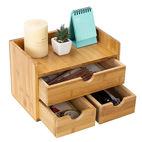 Exoliry Bamboo Desk Organizer Wooden Storage Cabinet 3 Drawers With Shelf Tabletop Organization Box Home Office Workspace Bathroom Toiletries Supplies Caddy Vanity Makeup Stationery Holder #TOP2
