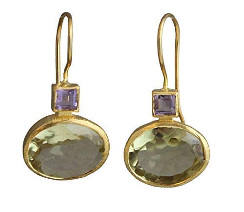 Amethyst and Lemon Quartz Gold Plated Sterling Silver Drop Earrings - Handmade Jewellery Gifts for Women - Natural Gem Gemstone - Birthday Valentine's Mother's Day Gift