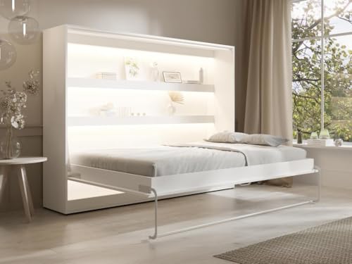 Vente-unique-Cama abatible 140 x 200 cm - Apertura Horizontal Manual - con Leds - Blanco + Colchón - RAPILI