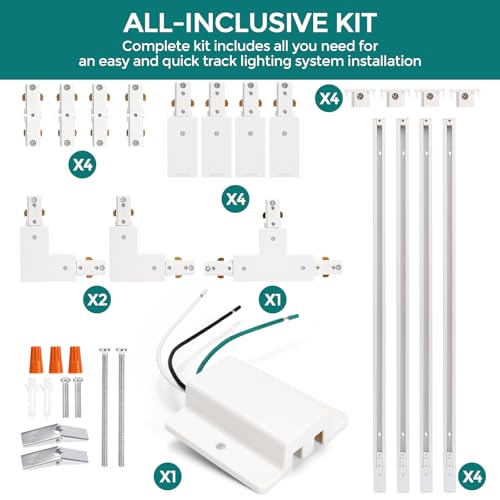 H Track Lighting Rails Kit - iCreating 13ft White Track Light Tracks 3 Wire with Floating Canopy Connector, I and L Connectors for Single Circuit H Type LED Tracks Lighting Heads Fixtures