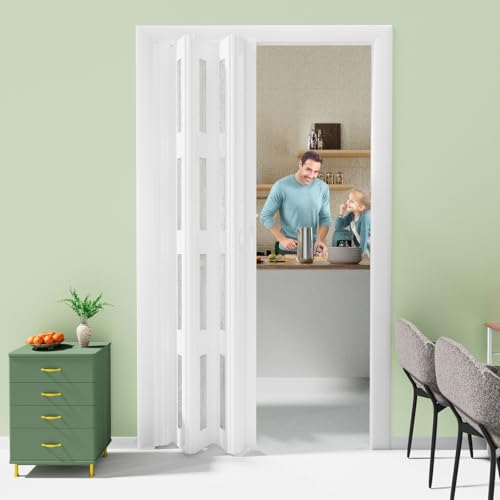 24/30/32/36×80in PVC Waterproof Accordion Door, Light-Filtering & Private Folding Doors - No Bottom Track & Smooth Sliding Multifold Interior Doors, White & Cuttable
