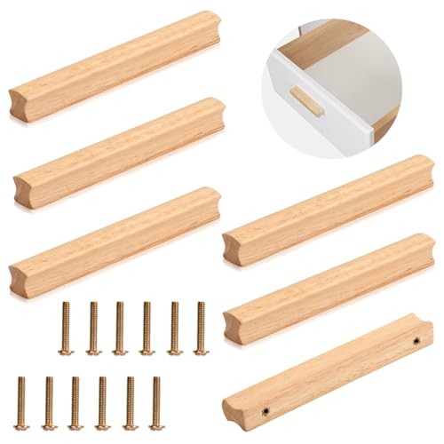 qhklew 6 Stück Möbelgriffe Holz, Schrankgriffe Holz mit Schrauben, Lochabstand 96 mm Holz Griffe Möbel Massiv, Universelle Holzgriff Küchengriffe für Schränke, Büros und Küchen