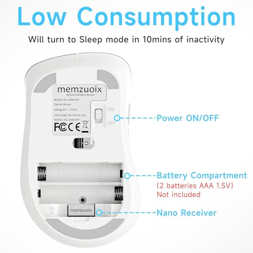 Image of memzuoix 2.4G Wireless Mouse, 1400 DPI Computer Mice with USB Receiver, Portable Wireless USB Mouse Battery Powered Cordless Mice for Laptop, PC, Desktop, 5 Buttons (White)