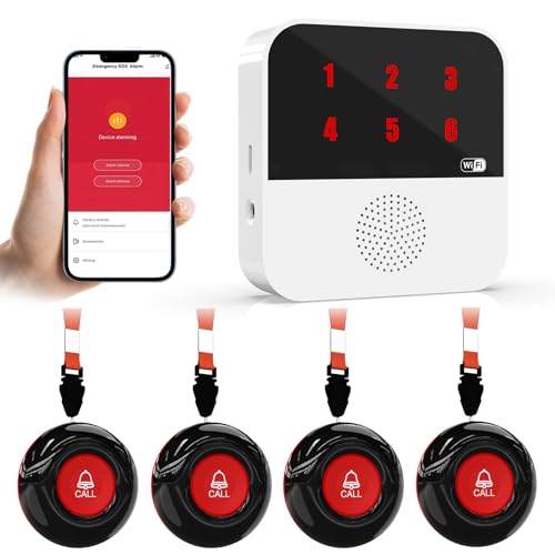 WiFi Caregiver Call Button for Elderly Senior Alert Button to Call Cell Phones Caregiver Pager System with Led Number Display 4 SOS Panic Button 1 Receiver (Only Supports 2.4Ghz & No Monthly Fee)