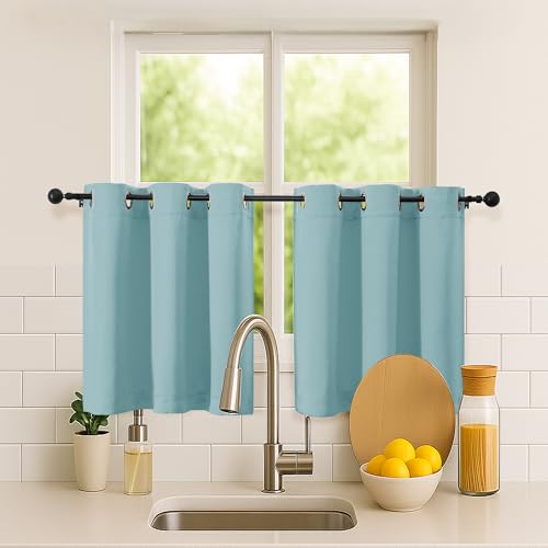 Image of Simplebrand Aqua Short Kitchen Curtains 24 Inch Length 2 Panels Set, Small Windows Room Darkening Curtain for Bathroom, Cabinet, Basement, RV Camper, Thermal Insulated Short Drapes, 40 x 24 Inch