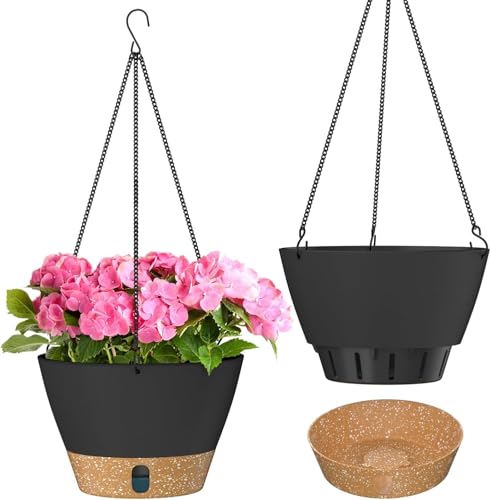 ZMTECH Hängetopf für Pflanzen, 20cm Blumentopf Ampel Hängend, Kunststoff Hänge Blumentopf mit Untersetzer für Außen Draußen Deko für Garten Balkon Wohnzimmer(2er-Set, Dunkelgrau)