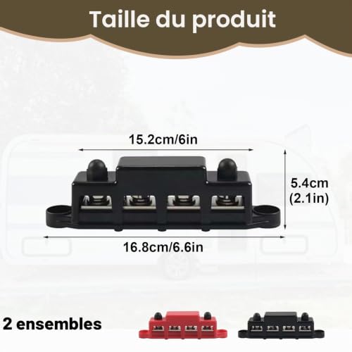 Menibeuty Bornier 12v, 2pcs Bloc de Distribution D'alimentation 12V-24V DC BusBar 250A Barres de Distribution D'énergie avec 4 x M8 Boulons de Borne pour Voiture Camion Bateau Rouge Noir – vue 2