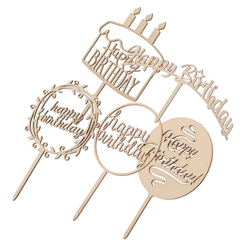 HEALSOPTHY Adornos de Madera para Tartas de Cumpleaños 5 Piezas Decoración para Pasteles y Cupcakes Diseño Natural Reutilizable Adecuado para Fiestas y Celebraciones