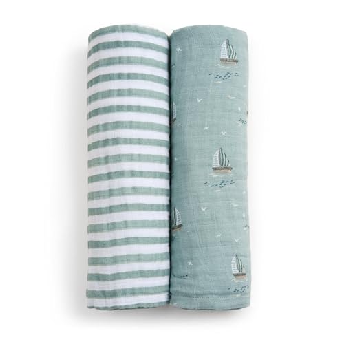 Image of aden + anais Boutique Organic Cotton Muslin Swaddle 2 Pack, Breathable Baby Receiving Blanket, Soft and Lightweight Wrap, Diaper Bag Must Have, Sailing Seas