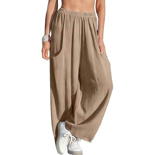 Pantalon large femme à taille haute élastique avec poches