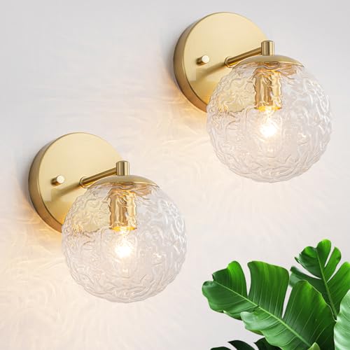 Image of Gold Wall Sconces Set of 2 Vintage Bathroom Wall Lamp 2 Pack Glass Globe Wall Light Vanity Hardwired Wall Mounted Lighting for Bedroom Living Room Hallway Stairs Kitchen (5.12in, E12)
