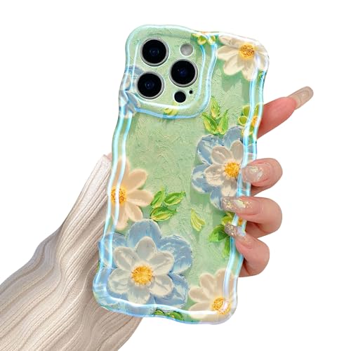 EYZUTAK Case for iPhone 15 Pro, Colorful Oil Painting Flower, Blue White | Laser Glossy Floral Pattern, Cute Curly Wave Edge, Exquisite Phone Cover, Stylish Durable TPU Protective Case for Girl Women - image 9