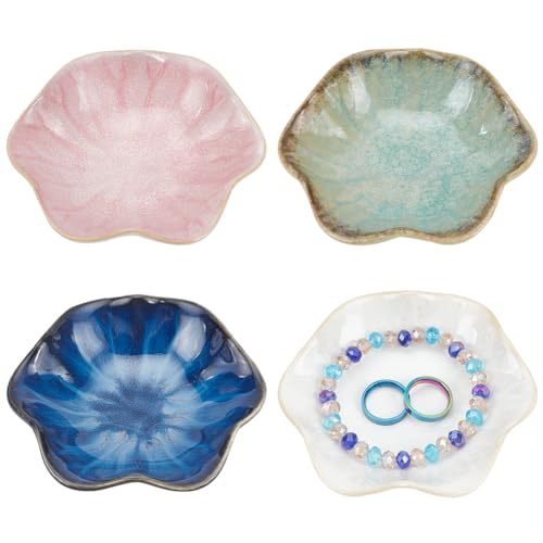 FINGERINSPIRE 4Pcs Lotus Leaf Shape Ring Holder Dish 4 Colors Ceramic Trinket Tray 101x110x28mm Small Key Bowl Flambed Glazed Jewelry Plates Organizing Necklace Earrings for Friends and Mothers Gift