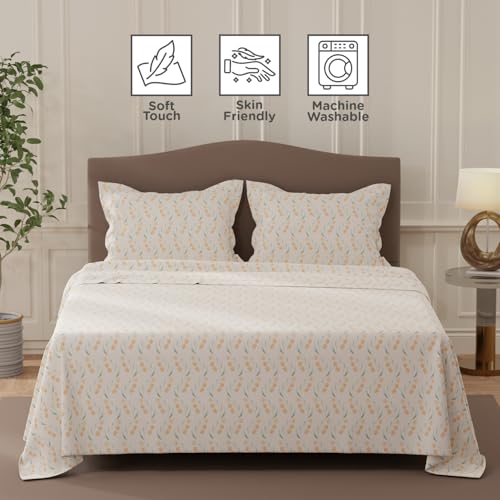 Image of Layers 100% Cotton Bedsheet for Double Size Bed | Lumina Floret Collection | 144 TC Soft & Breathable | Floral Print with 2 Pillow Covers | Wrinkle Free & Colorfast | 3 Piece Bedding Set - Cream