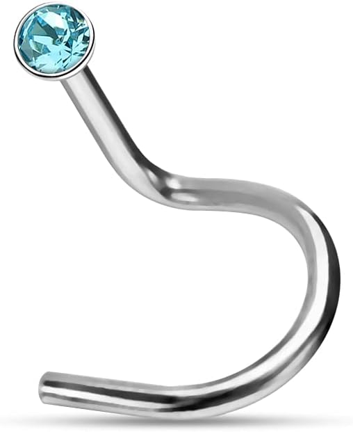 Crystal Gemstone Top 20 Gauge (0.8mm) 316L Surgical Steel Corkscrew Twist Nose Screw - Tiny Nose Stud - Nose Piercing Body Jewelry