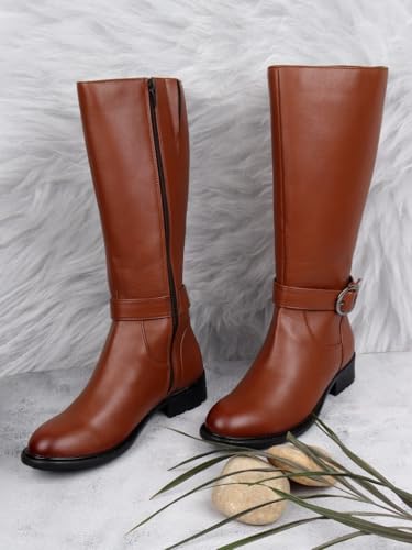 Image of ELLE Women Tan Brown Solid High-Top Block Heel Regular Boots