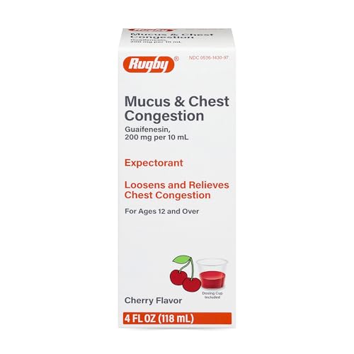 Rugby Mucus & Chest Congestion Cough Syrup Guaifenesin 200 mg Expectorant Cherry Flavored - 4 Fl Oz (1 Pack)