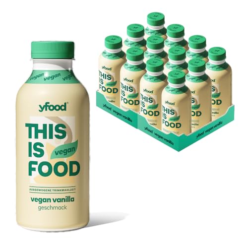YFood Vegan Vanille | Laktose- & glutenfreier Nahrungsersatz | 26g Protein, 26 Vitamine & Mineralstoffe | Astronautennahrung - 25% des Kalorienbedarfs | Trinkmahlzeit, 12 x 500 ml | 3,00 € Pfand inkl.