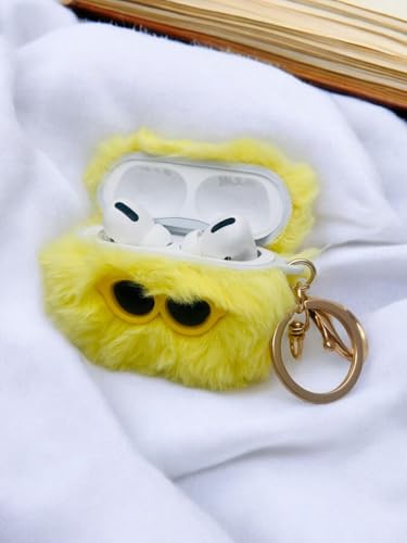 Image of SE HUB Plush Fur Eye Design Case Compatible for Airpods Pro2 | Ultimate Protection with Soft, Luxurious Feel with Keychain | Ear Buds Cover | Yellow
