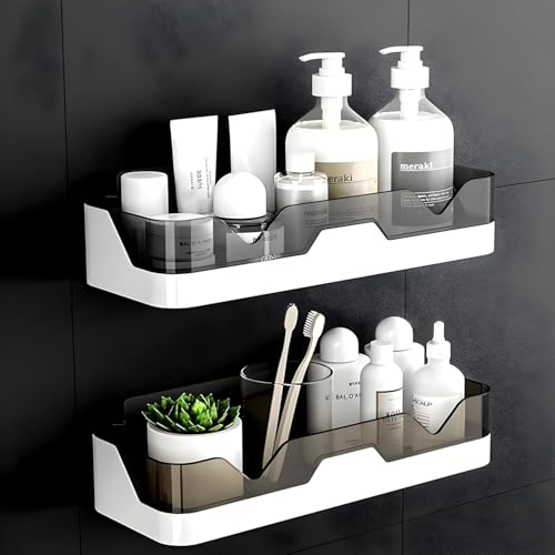 Image of TEKCOOL Wall Mounted Bathroom Shelf Organizer | 2 Tier Plastic Bathroom Rack | No Drill Adhesive Bathroom Accessories for Shampoo, Soap & Toiletries;