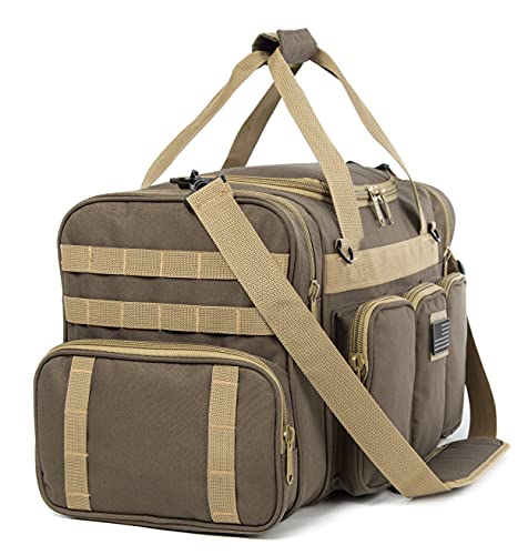 Tactical Range Duffel Heavy Duty Military Molle Gear Travel Sports Gym Bag Lockable Zippers with US Flag Patch (27 In Khaki)