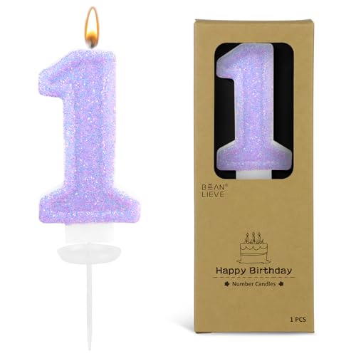 BEAN LIEVE Birthday Candles 2.76 Inch Large Number Candles with Pink Glitter, Dazzling Sequins Cake Toppers for Adult Birthday Party, Baby Birthday, Pink Themed Party Decorations (Purple, Number 1)