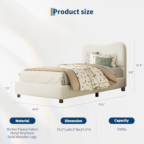 GarveeHome Twin Bed Frame for Kids with Velvet Upholstered Headboard, Cute Low Profile Platform Bed for Girls and Boys, No Box Spring Needed, Strong Wooden Slats, Noise Free, Easy Assembly, Beige