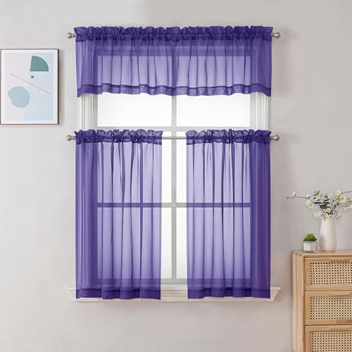 Image of Chyhomenyc Purple Sheer Valances for Windows - Light Filtering Small Kitchen Curtains, Rod Pocket Short Top Window Treatment Decor for Living Room Bathroom Basement, 42Wx16L inches, 2 Panels