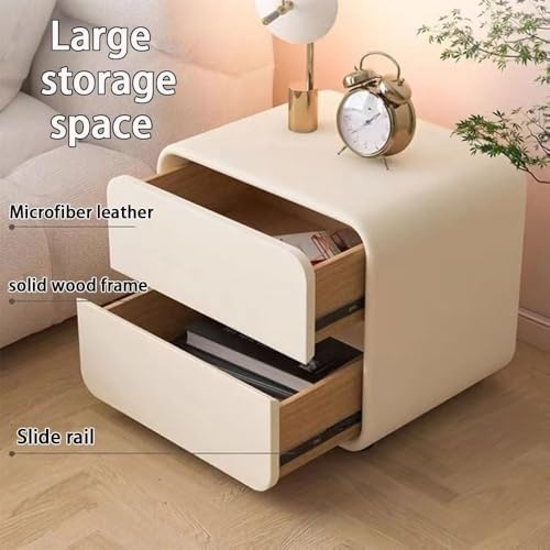 Modern Cream Bedside Table, Simple Nightstand with Solid Wood Frame & Microfiber Leather Finish, Stylish Small Furniture for Bedroom, Living Room, or Office