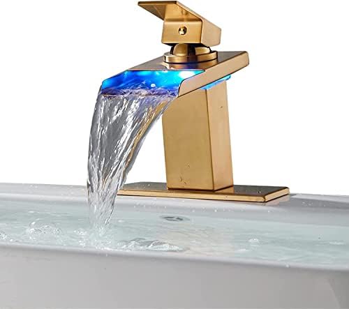 LOOPAN LED Light Bathroom Faucet Waterfall Single Handle Gold One Hole Faucet for Bathroom Sink Mount Vanity Faucet Lead-Free for Commercial Residential