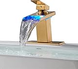 LOOPAN LED Light Bathroom Faucet Waterfall Single Handle Gold One Hole Faucet for Bathroom Sink Moun