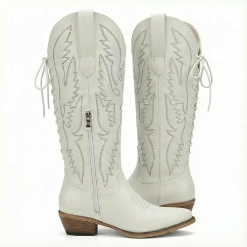 Image of Uillnoodu Wide Calf Cowboy Boots Women Adjustable Lace Up Knee High Tall Plus Size Cowgirl Boots Western Style Comfortable 2-Inch Heel