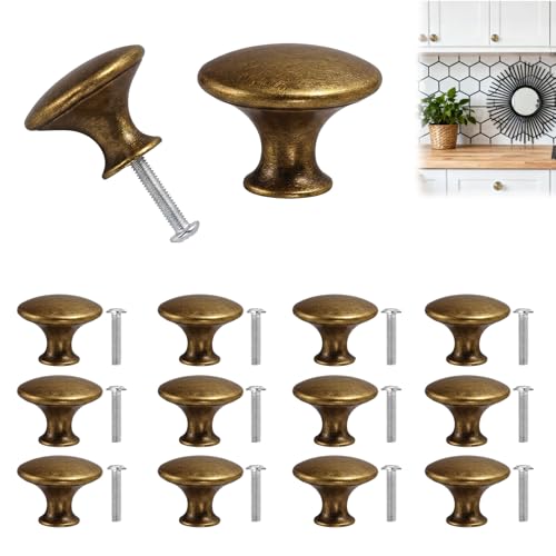 Funver 12PCS Pomos para Armario bronce de Metal, 30mm Tiradores Cajones Antiguos, Tiradores de Muebles con Diseño Redondo para Muebles Cocina Baño Armarios Vestidores Tocadores