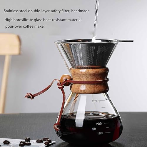 GS Pour Over Coffee Maker - 600ML Glass Carafe with Stainless Steel Filter, Reusable Drip Coffee Maker for Home, Office & Camping - Portable 13.5 OZ Coffee Brewer
