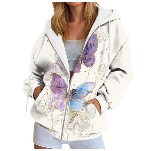 Butterfly Printed Hoodies For Women UK Full Zip Jackets Oversized Hoodie Zip Up Sweatshirts Trendy Casual Loose Long Sleeve Crewneck Pullover Comfy Fall Cloth Fashion Ladies Outfit