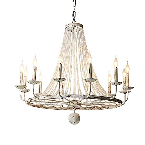 Jiuzhuo Rustic 33.9 Inches Candle Shaped 12 Light Crystal Bead Strands Metal Wheel Large Chandelier Lighting Hanging Ceiling Fixture,Distressed White… #TOP1