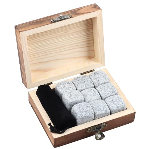 Whiskey Stones Gift Set with 9 Pcs Stones and Box, Reusable Ice Cubes Natural Granite Set Chilling Rocks Stones Beverage Chilling Stones For Drinks Home Bartender Gift for Whiskey Lovers(WHITE)