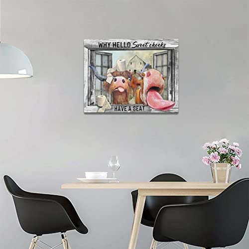 Rustic Highland Cow Wall Art For Bathroom Farmhouse Funny Cow Canvas Wall Decor Country Animal In The Window Pictures Print Painting Framed Artwork Home Decor For Bedroom Living Room 12"X16" #TOP2