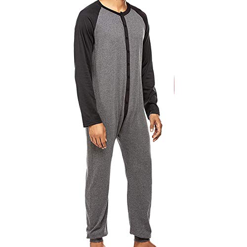 Ahafeni Men's Button Down One Piece Onesies Pajama Long Sleeve Round Neck Color Block Jumpsuit Nightwear For Adults (Grey, XXL)